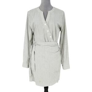 Loft Dress Womens 8 Ivory Black Stripe Cotton Faux Wrap Tie Waist Beach Coastal